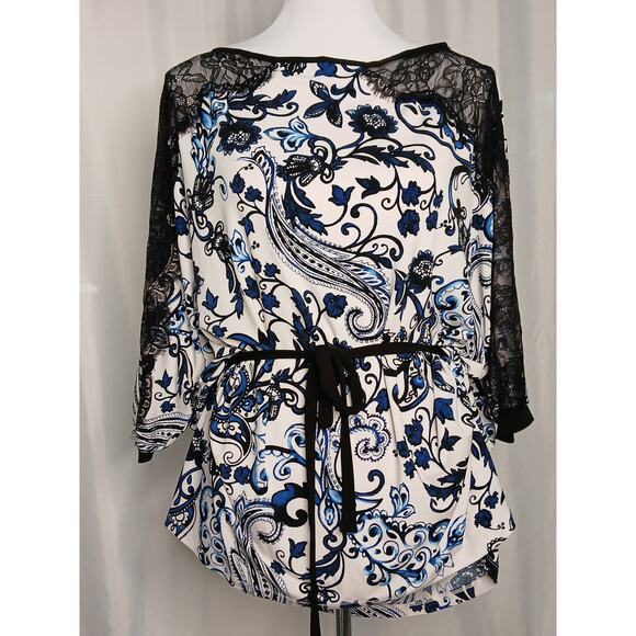 Boston Proper blouse dolman sleeve scroll lace tie waist XS Paisley Coastal - Picture 1 of 11
